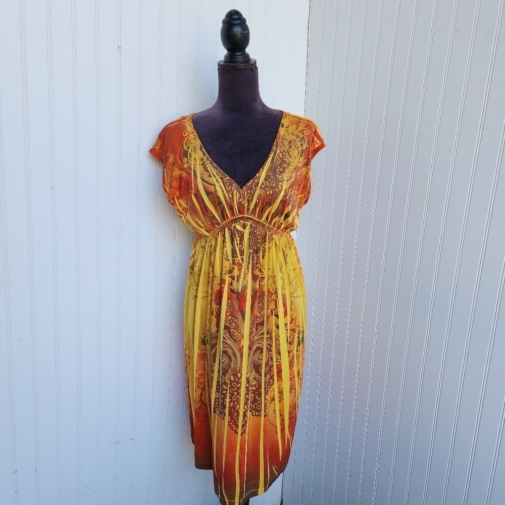 Apt 9 Dress Women Rhinestone Paisley Flowy Tie Dye Party Orange Yellow Stretch M